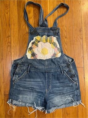 Handmade Denim Short Overalls with Patchwork Sunburst
